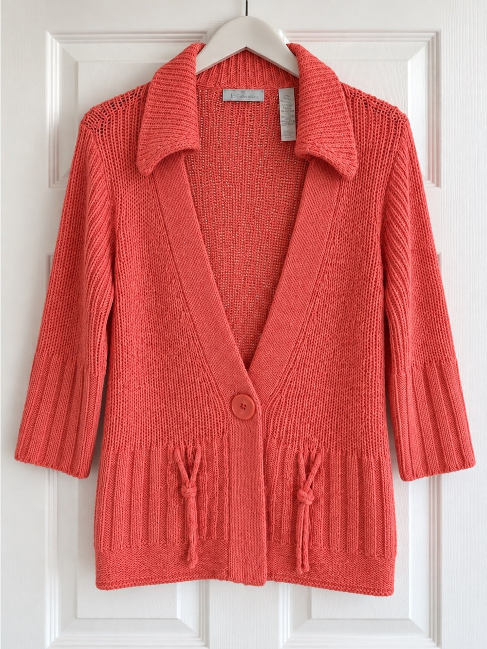 JH Collectibles Coral Knit Cardigan M Cotton Summer Tie Detail 3/4 Sleeves